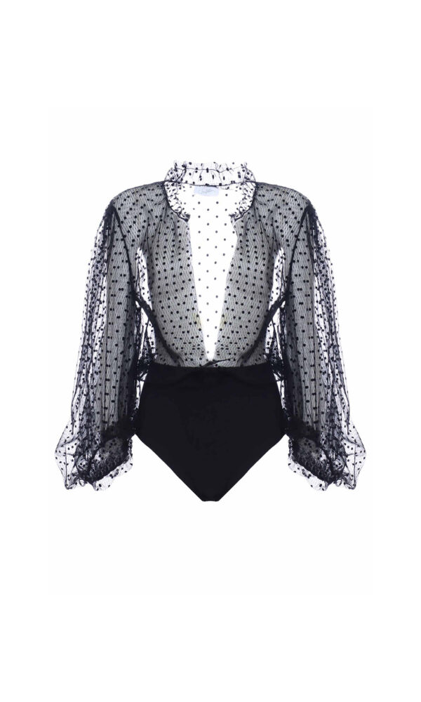 FLOCK POLKA DOTS TULLE BODYSUIT SHIRT