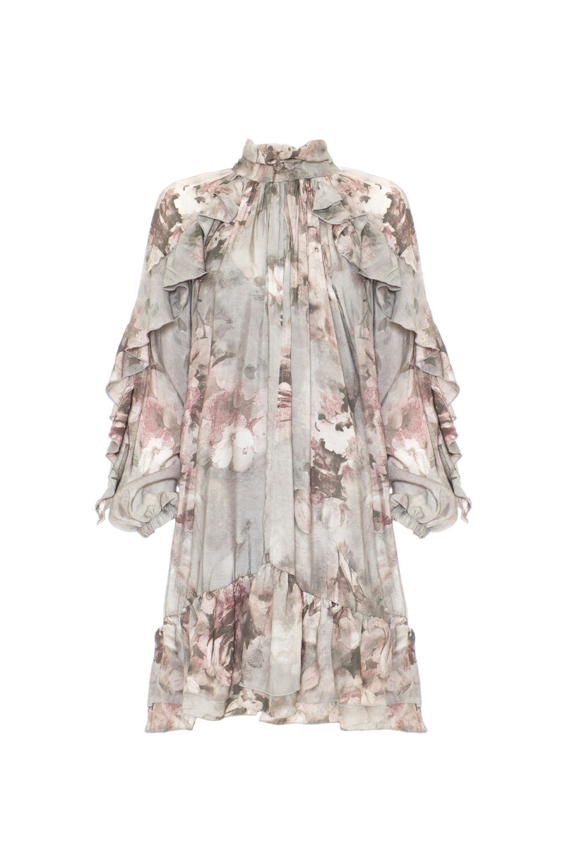 SHORT DRESS WITH FLORAL PATTERN ROUCHES