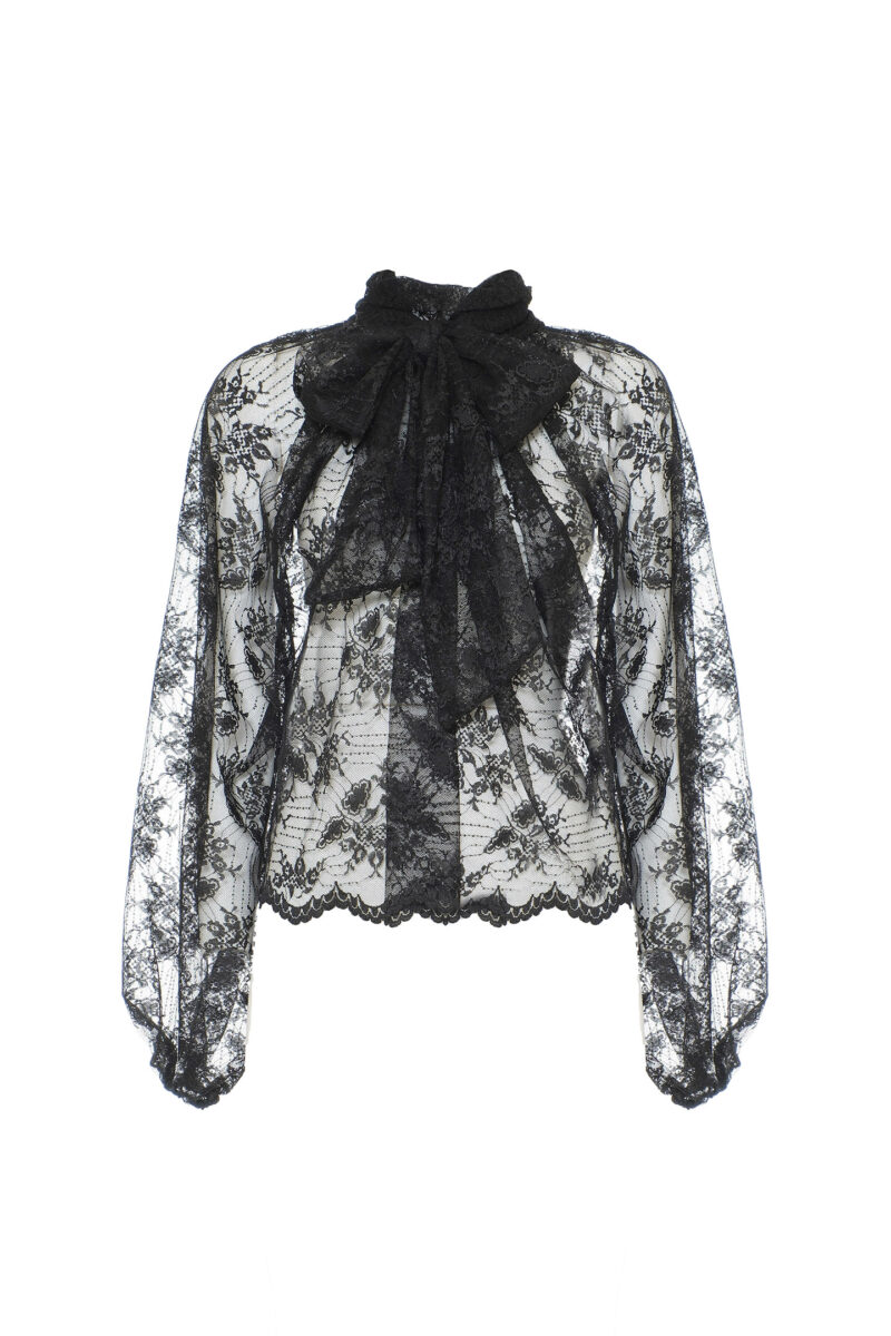 BLUSA IN PIZZO CON COLLO ALTO A SCIARPA - immagine 5