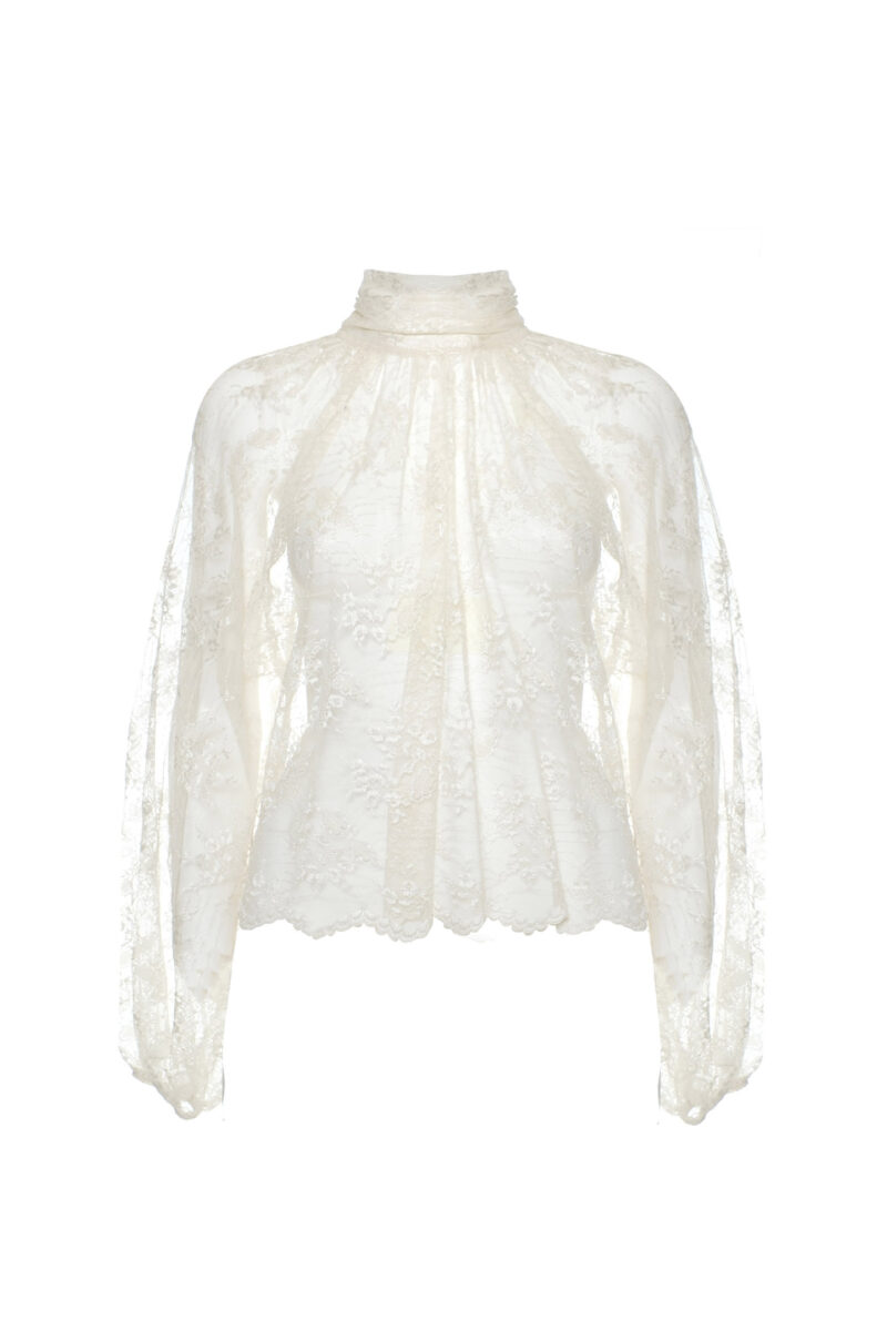BLUSA IN PIZZO CON COLLO ALTO A SCIARPA