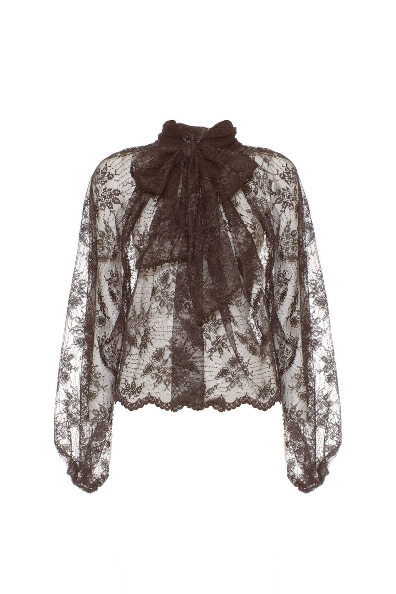 BLUSA IN PIZZO CON COLLO ALTO A SCIARPA - immagine 8