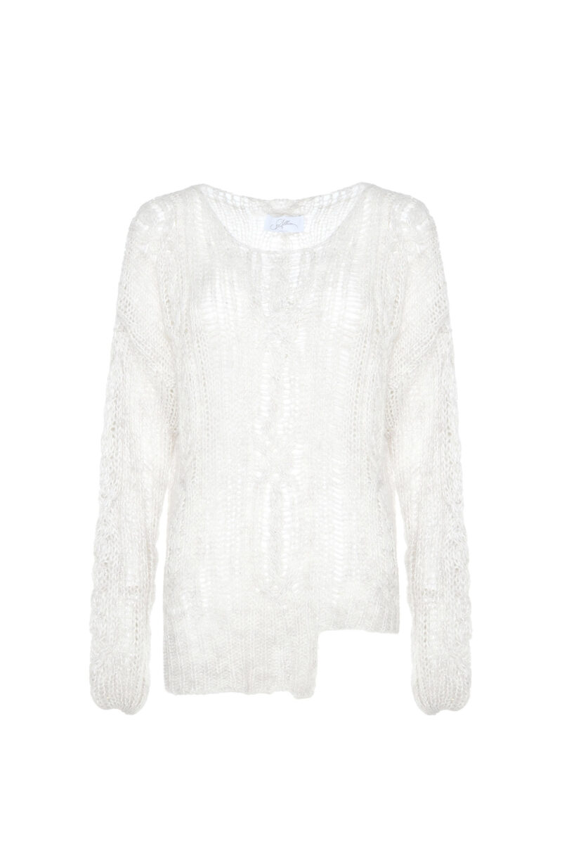 CABLE KNIT AND MESH-STITCH WOOL BLEND SWEATER