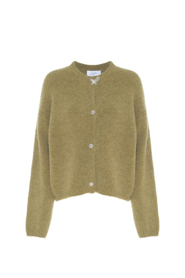 BOXY CARDIGAN WITH BUTTERFLY BROOCH