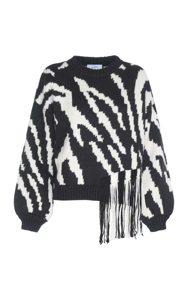 ZEBRA-PATTERNED INTARSIA SWEATER WITH FRINGES