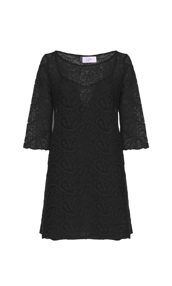 SHORT TUNIC DRESS WITH LACE BOAT NECKLINE